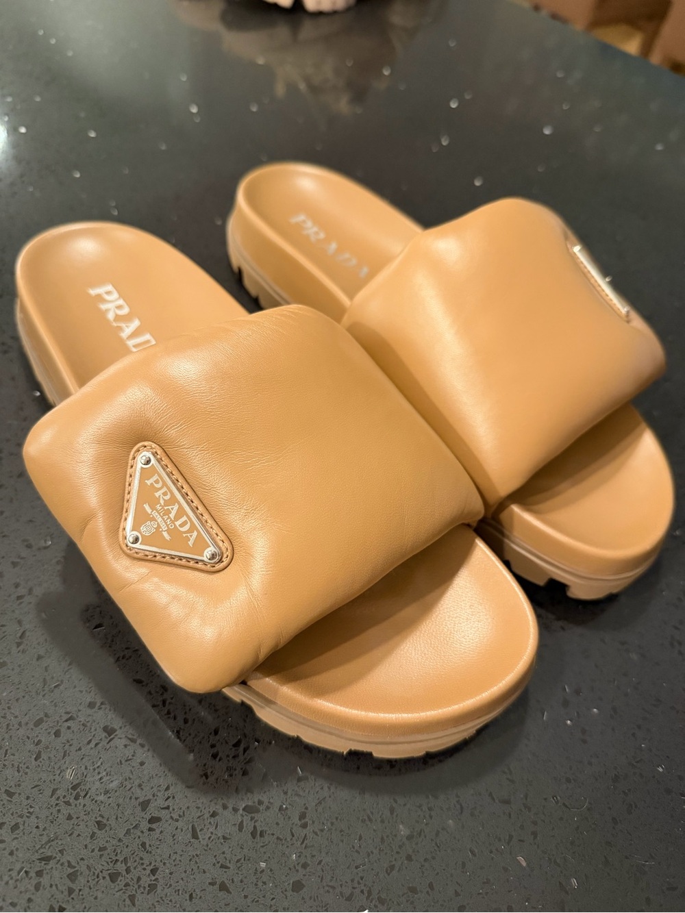 Prada Tan Padded Slide Sandals with Triangle Logo